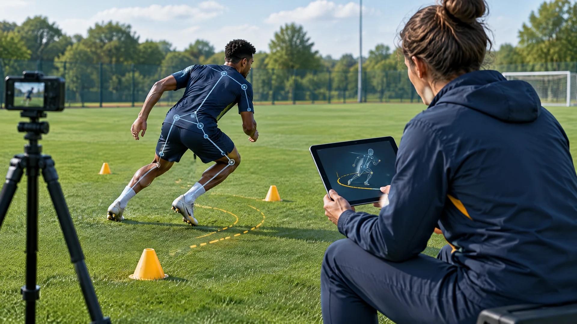 AI-generated conceptual illustration of an adult athlete, tripod camera and coach reviewing movement landmarks; not a measured training session.