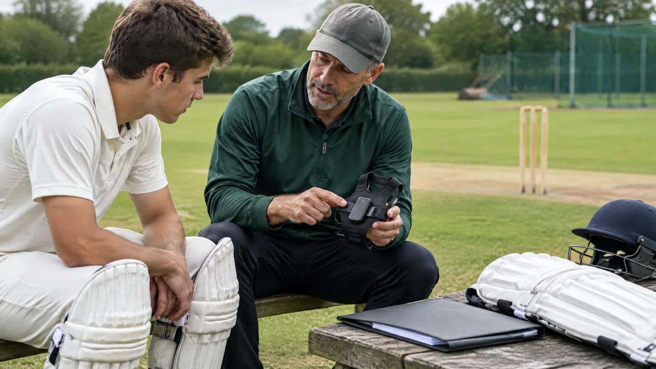 Conceptual illustration of a cricket player in match kit with a small tracker vest shown beside competition rule documents