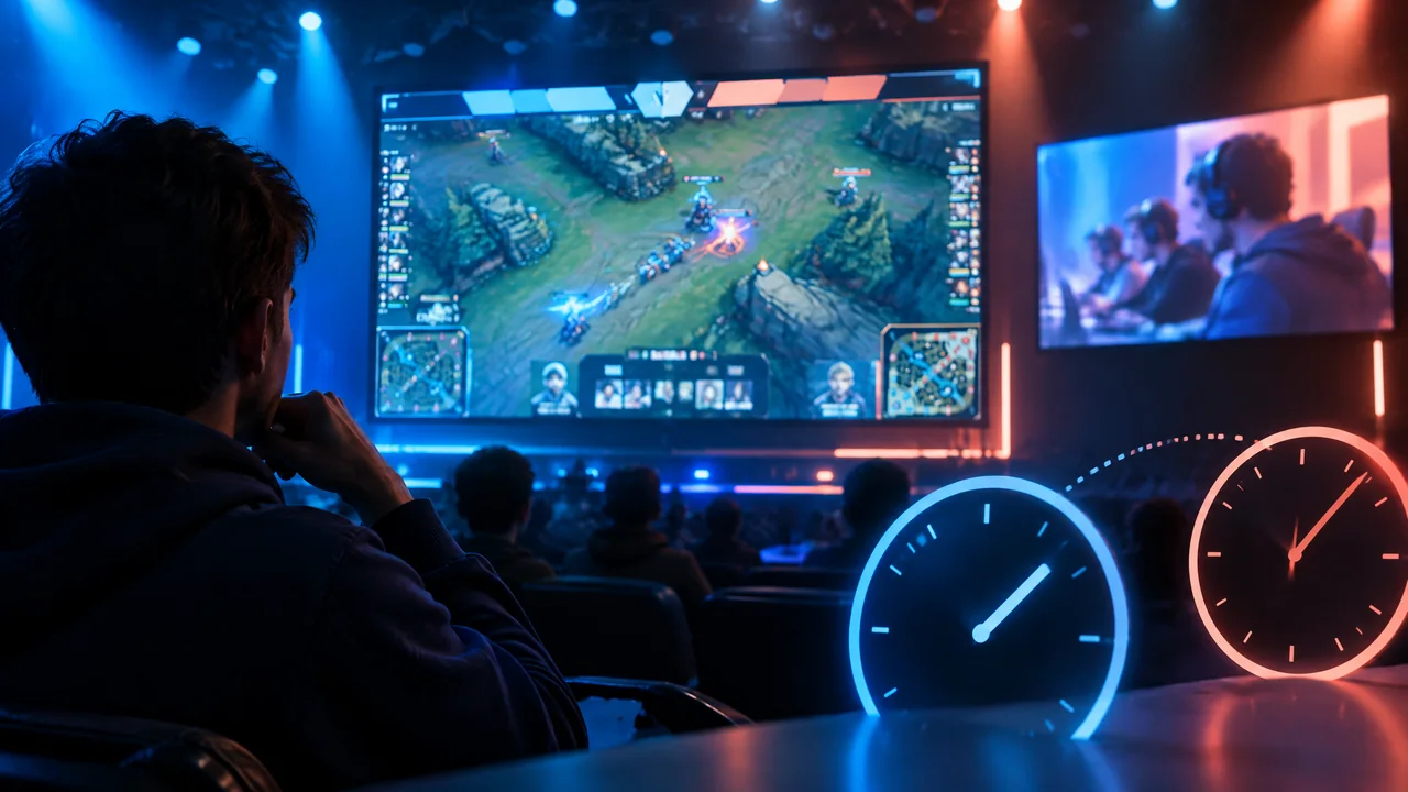 Conceptual esports broadcast screen with a score update and video playback shown on separate timing tracks
