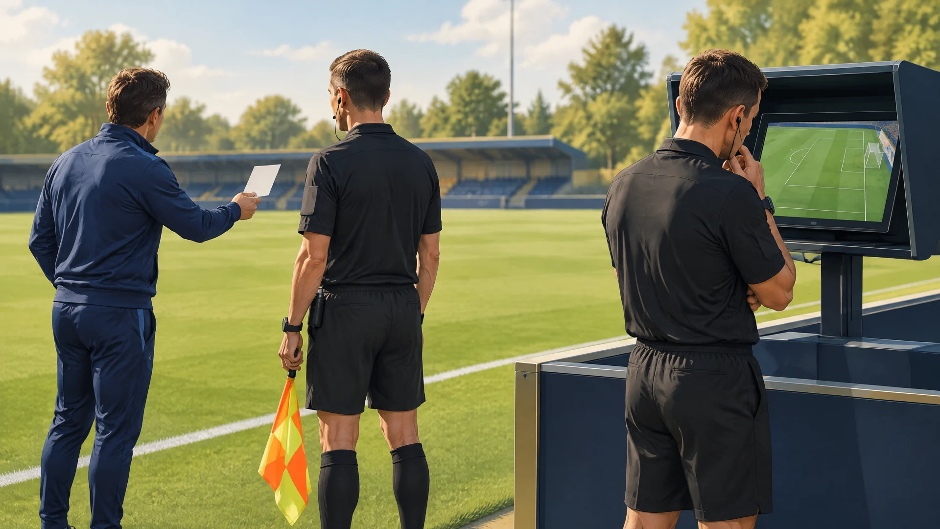 AI-generated conceptual illustration of a coach requesting a football review and a referee inspecting replay footage; not a real match.