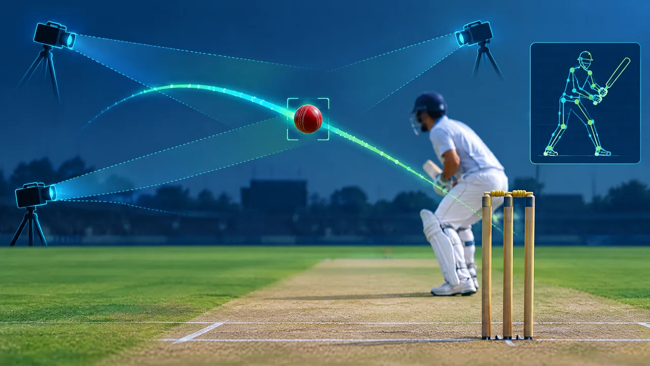 Conceptual illustration of multiple calibrated cameras following a ball arc and skeletal player landmarks on a sports field.