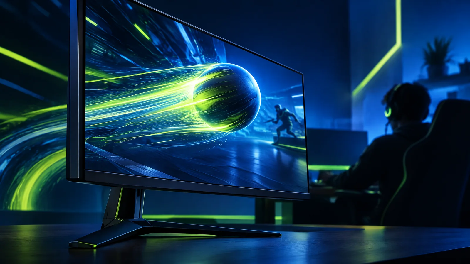 Conceptual competitive gaming desk showing a monitor refreshing fast-moving game targets, a graphics card and an input-to-display timing path; not a product test or match screenshot