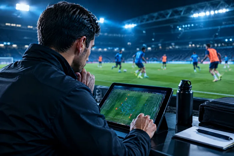 Analyst reviews football movement on a tablet beside a training pitch; editorial illustration