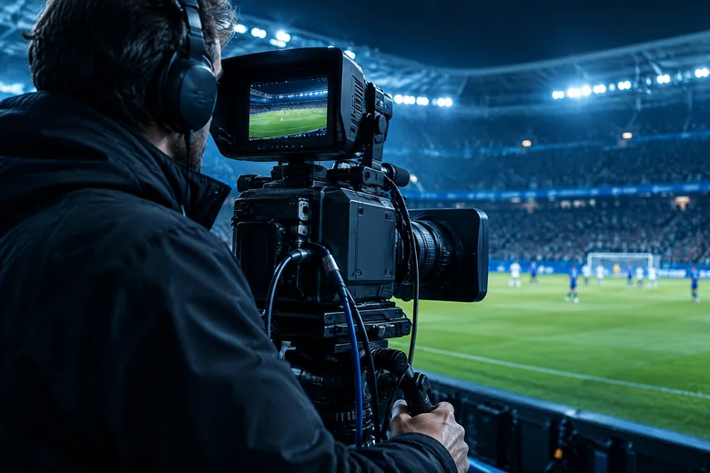 Unbranded broadcast camera beside a football pitch; editorial illustration