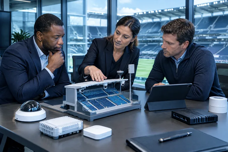 Sports venue operators discuss technology procurement; editorial illustration