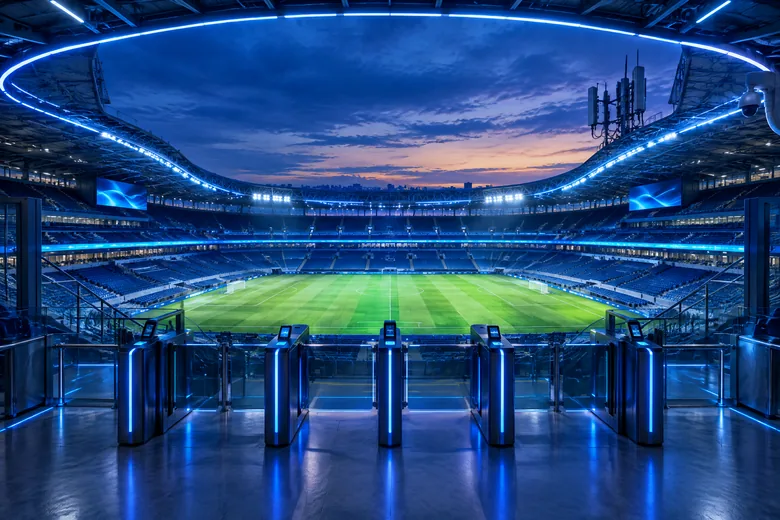 Stadium access lanes and venue connectivity at dusk; editorial illustration