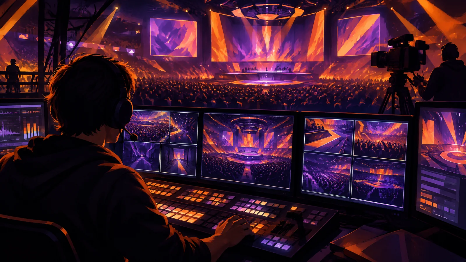 Conceptual esports tournament production control room connecting an in-game observer view, player cameras, graphics, replay and viewers’ screens; not a real event or product interface