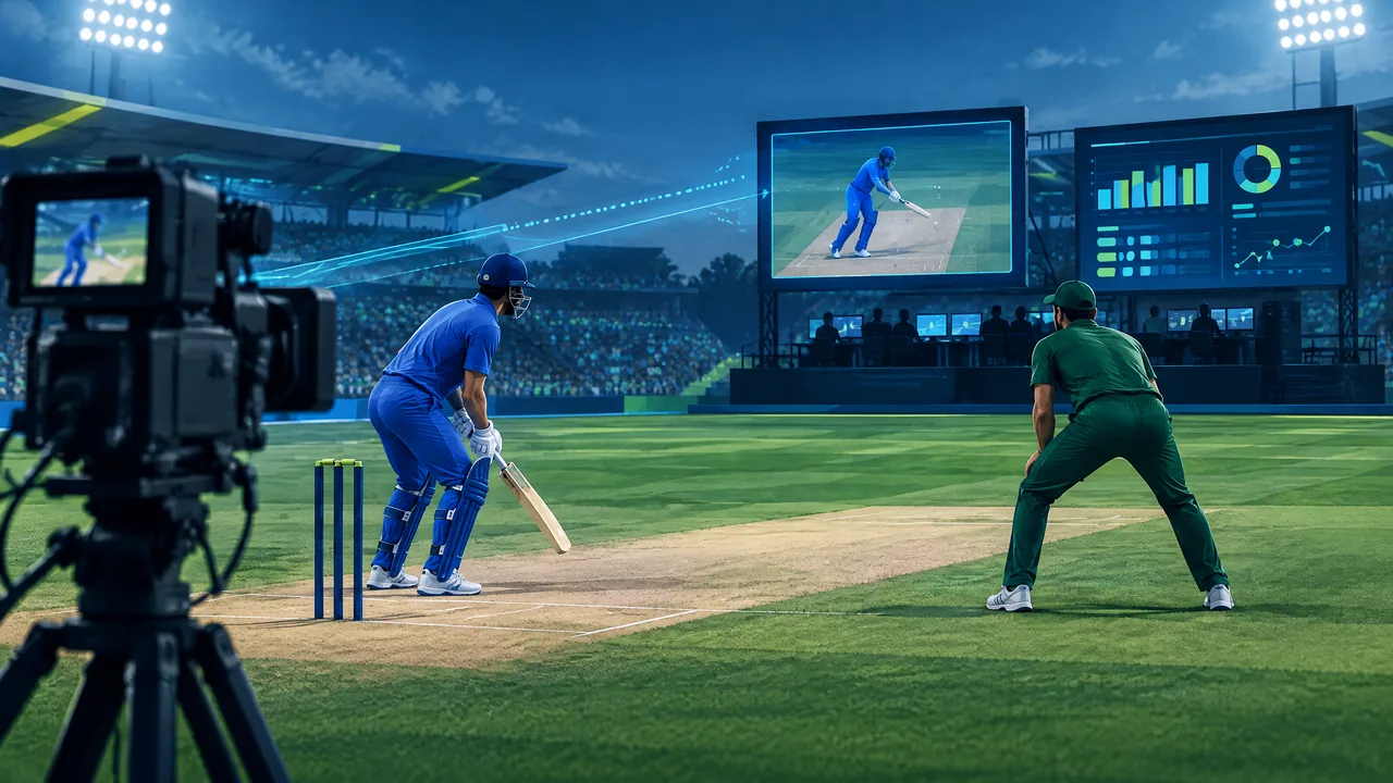 Conceptual illustration of a cricket final broadcast with replay screens, score data and connected viewing devices.