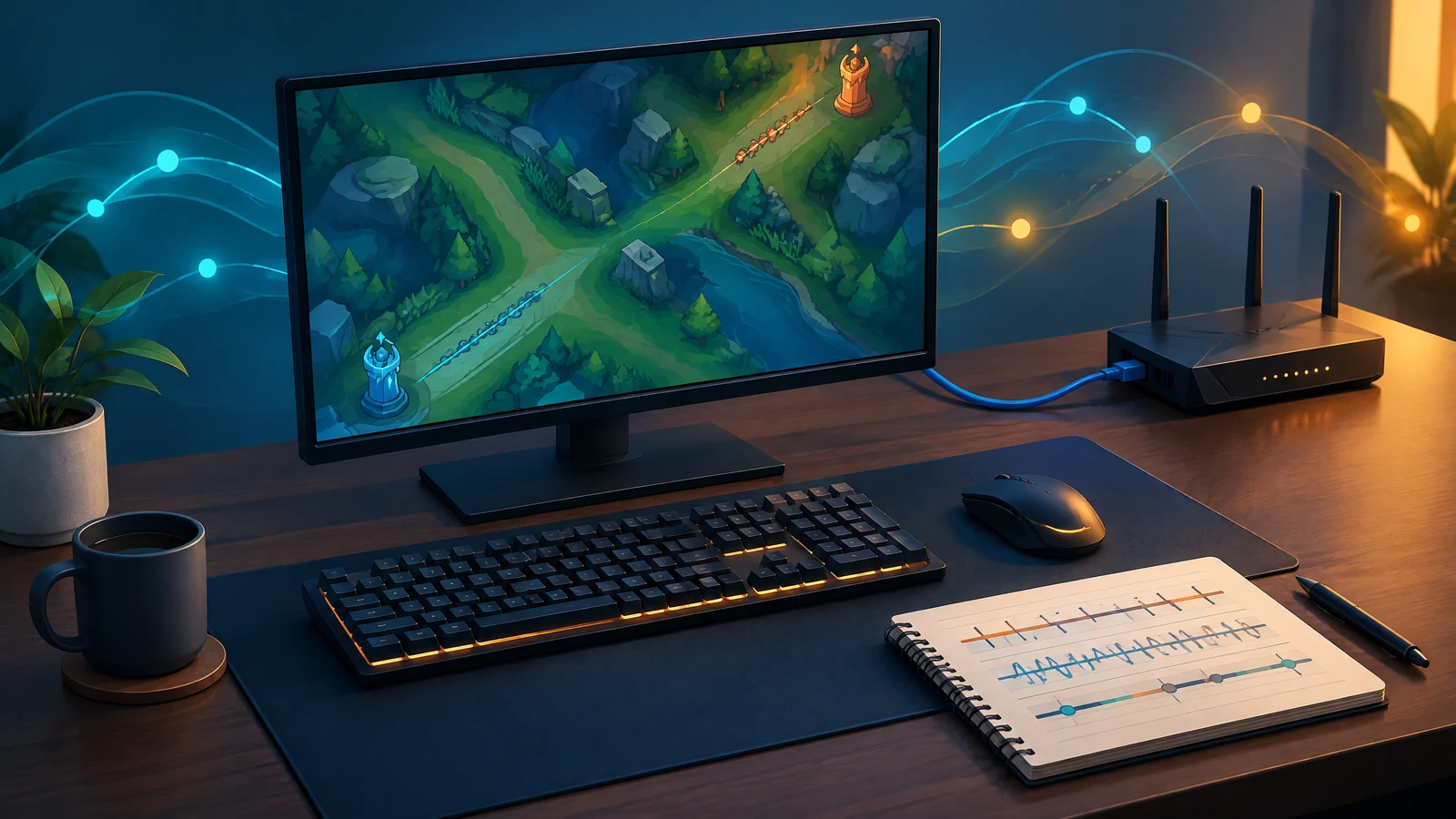 Conceptual unbranded gaming desk, abstract game-lane shapes and an Ethernet connection for a latency-checking guide; not a game screenshot or measured result