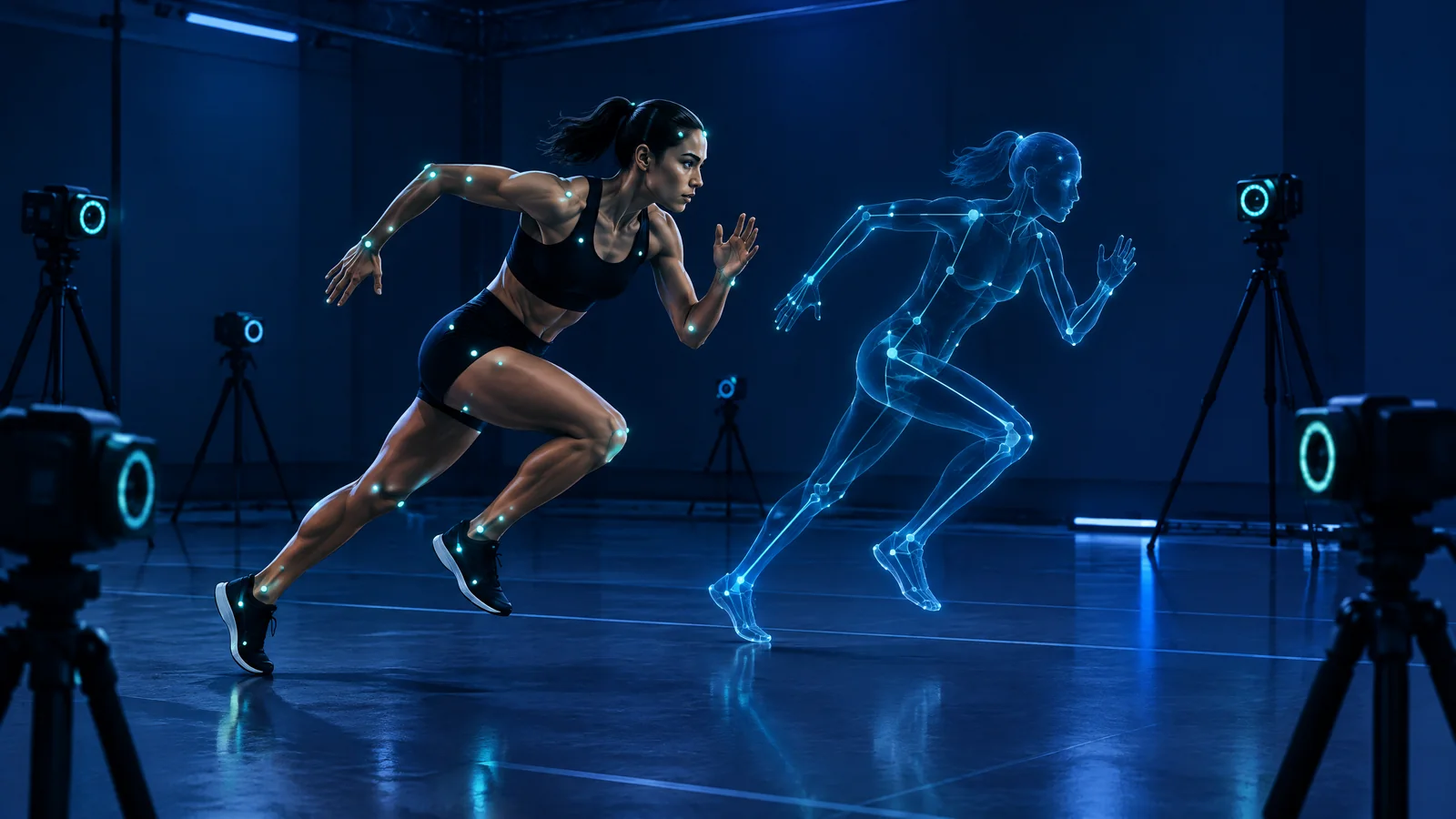 Conceptual athlete moving through a calibrated capture area with camera rays, body landmarks and wearable inertial sensors; not a real athlete session or device test
