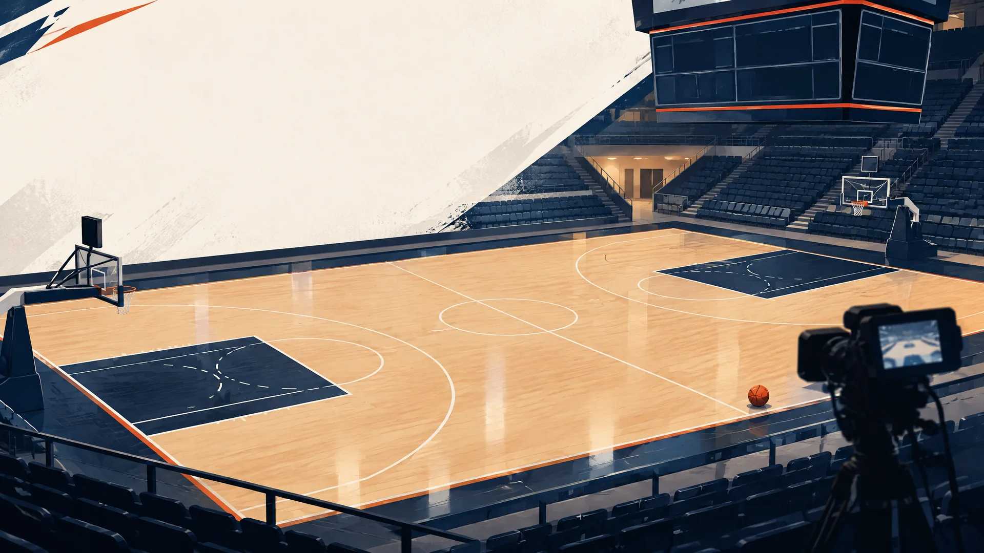 Conceptual illustration of an unbranded basketball court, blank scoreboard and broadcast camera; not an October 8 game photograph
