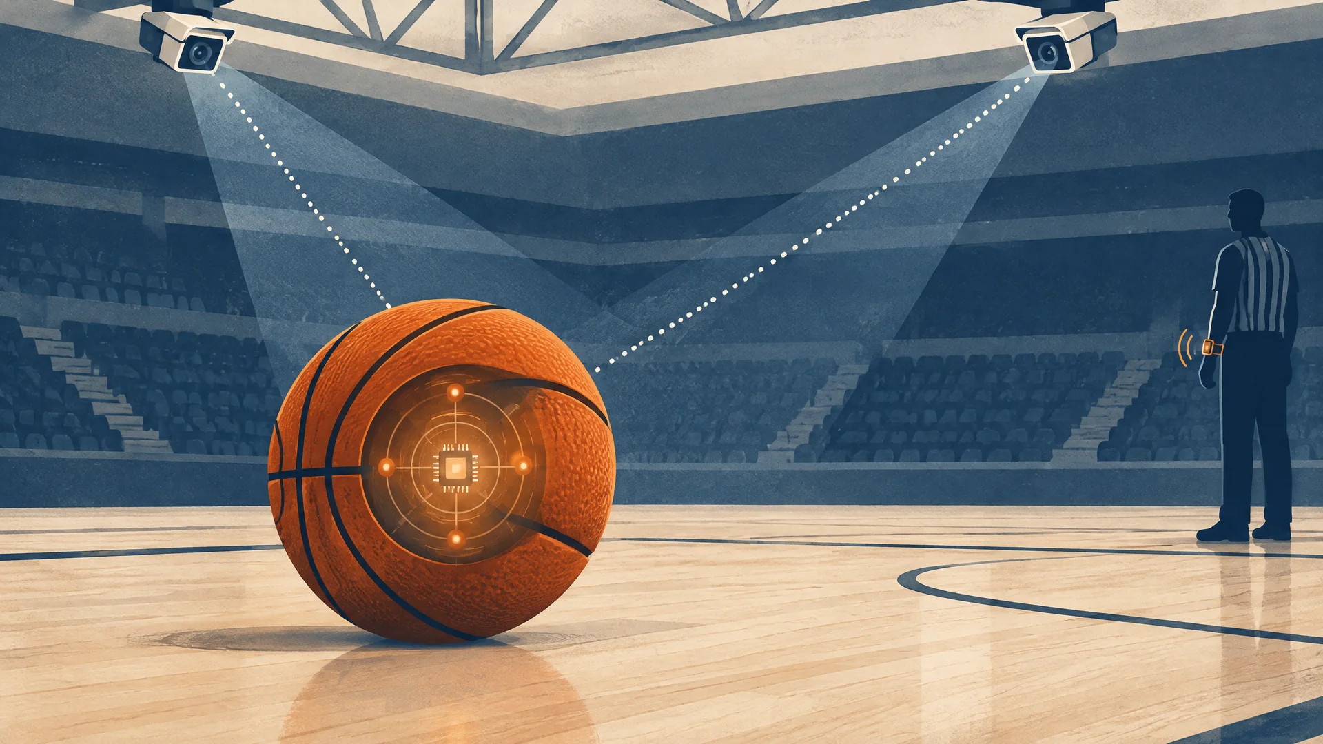 Conceptual basketball, optical cameras and an official wrist communication icon; not a verified NBA match or exact device schematic