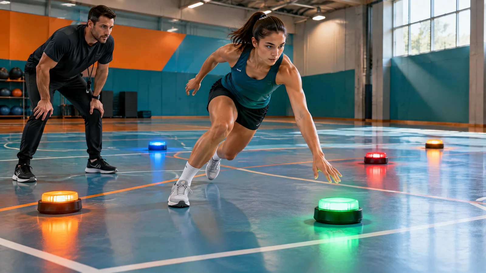 Conceptual athlete responding to coloured training lights on a court while a coach records a timed response; no named device or verified session