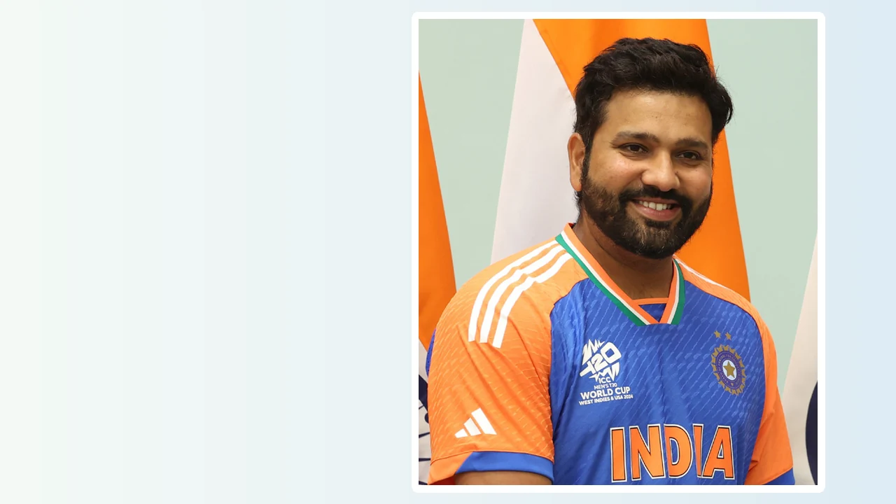 Rohit Sharma in an India cricket jersey at a government reception on 4 July 2024