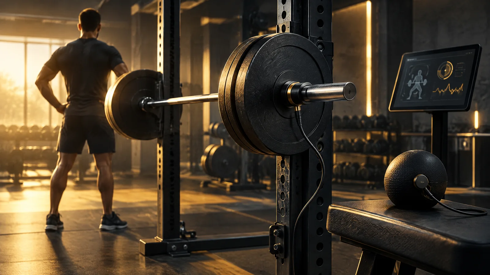 Conceptual training space with a barbell cable encoder, connected football and coach reviewing a simple session-data display; not a real product test or athlete session