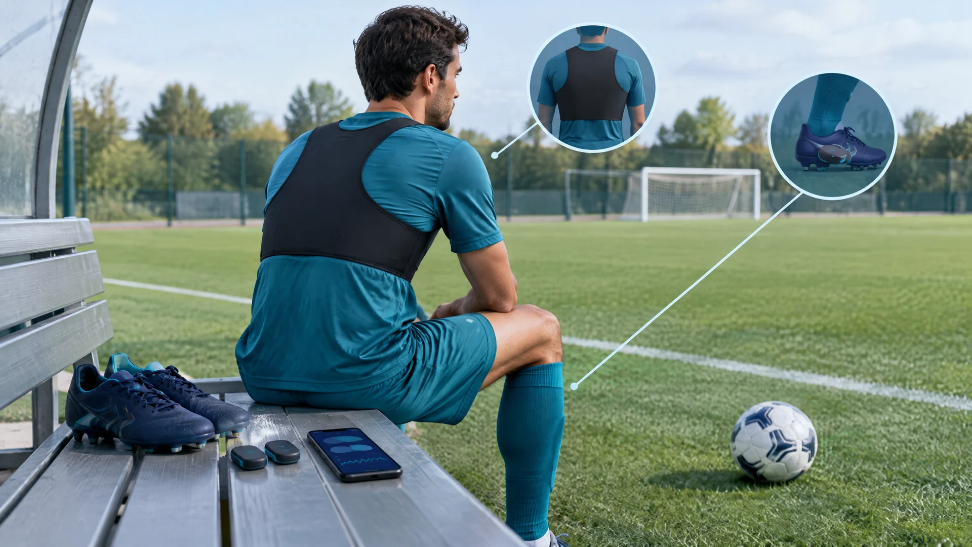 Original conceptual illustration of unbranded soccer tracking equipment at a training pitch; not a real product photograph or performance test