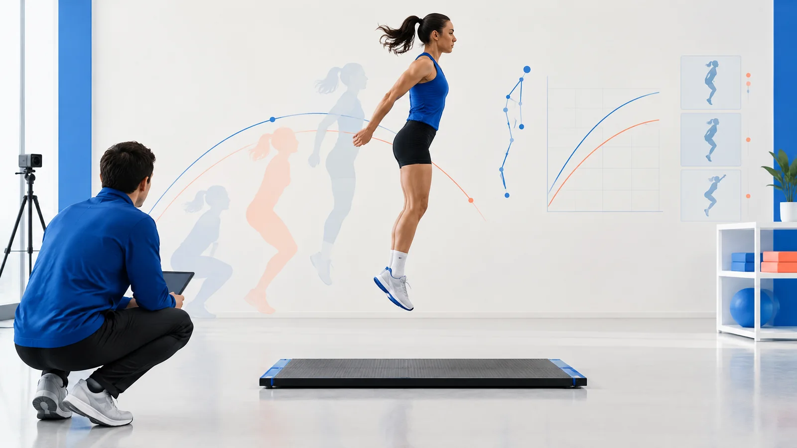 Conceptual athlete moving past a force plate and high-speed camera while a coach reviews motion and force traces; not a real test or diagnosis