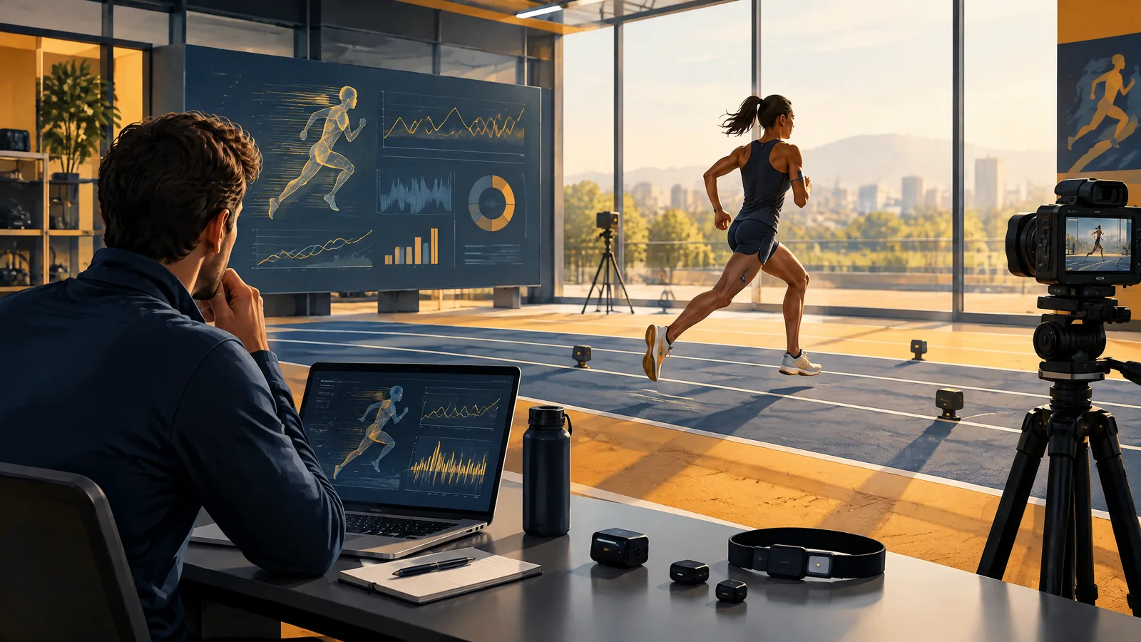 Conceptual coach and athlete reviewing a simple training-data flow from wearable sensor and camera to a shared decision board; not a real session or product screen