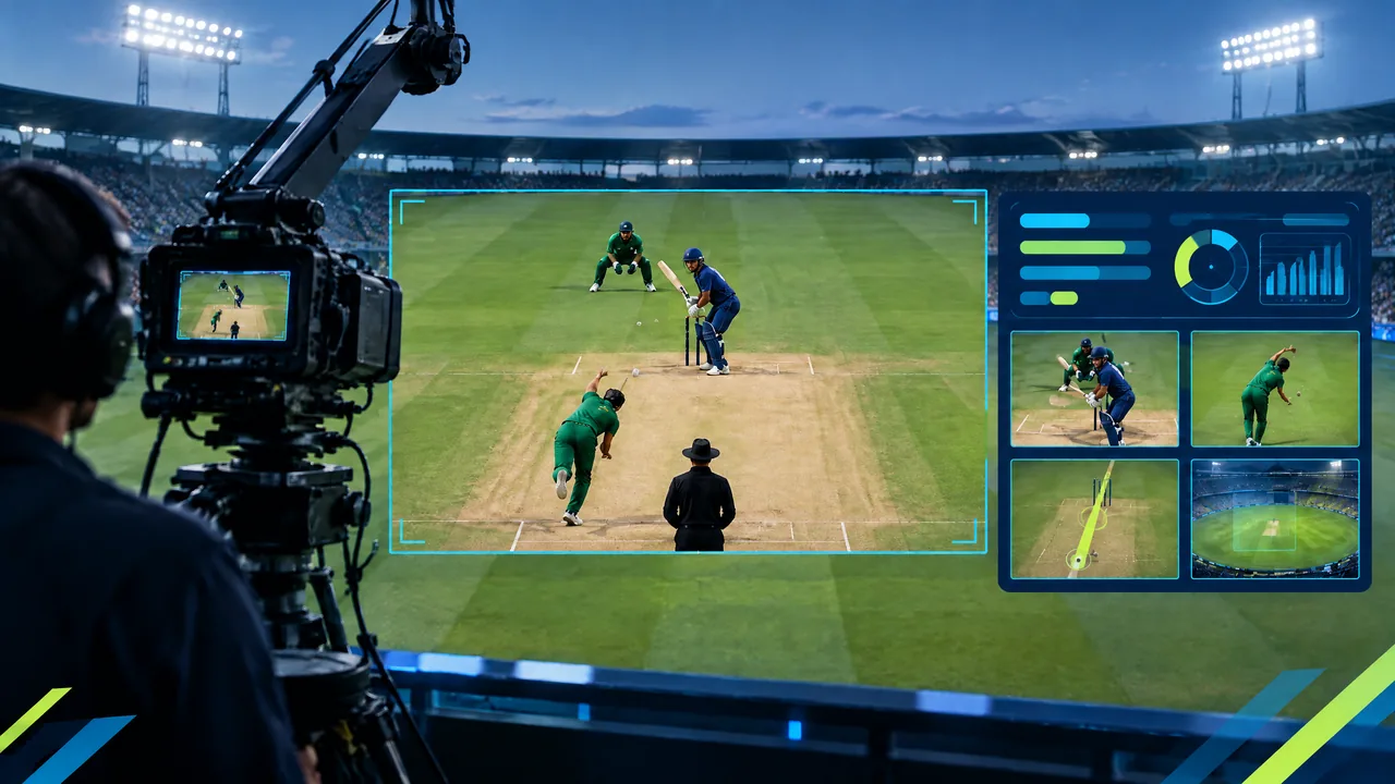 Conceptual visual of a cricket pitch with replay screens, score data layers and broadcast signal paths.