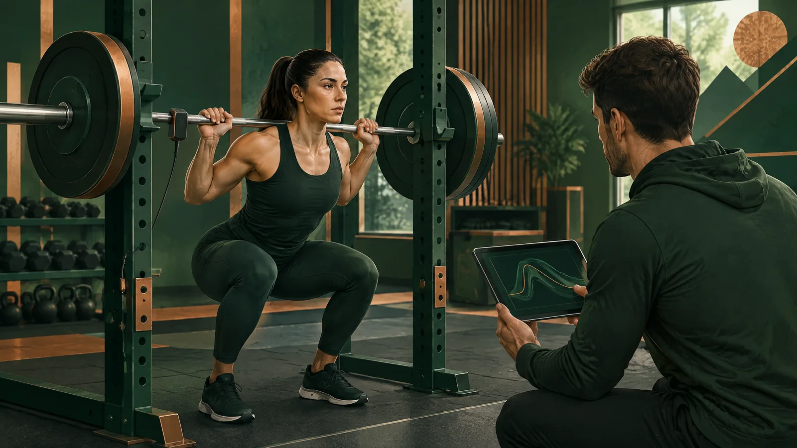 Conceptual coach reviewing barbell velocity and session-load charts beside an athlete lifting in a training facility; not a real athlete, device screen or test result