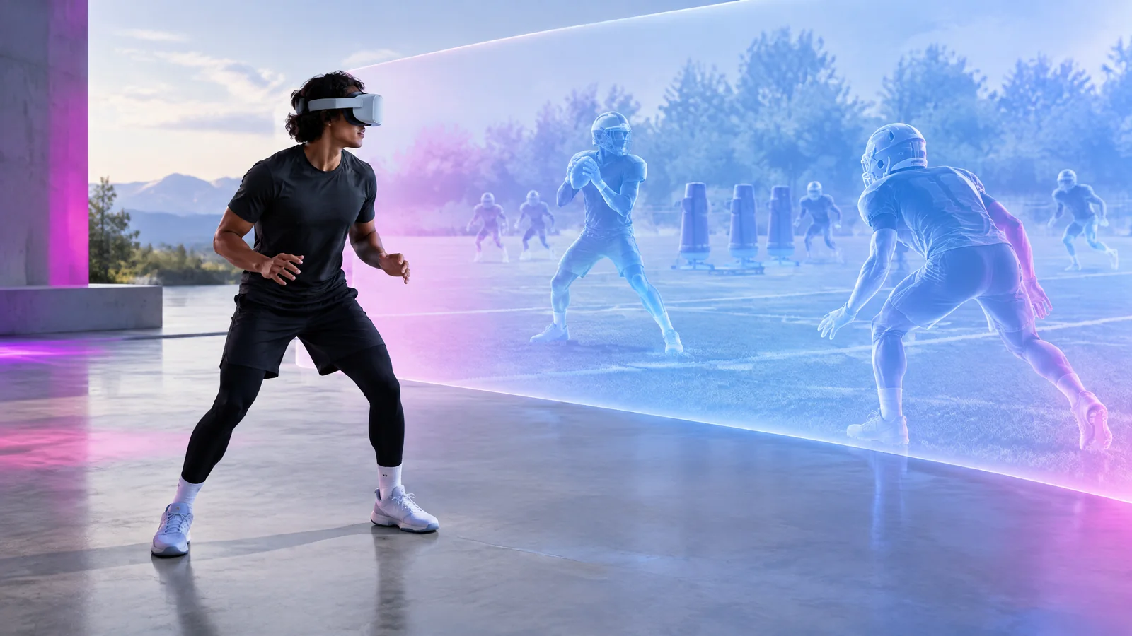 Conceptual athlete wearing a VR headset in a clear training area while a coach reviews an abstract scenario display; not a real product or training session