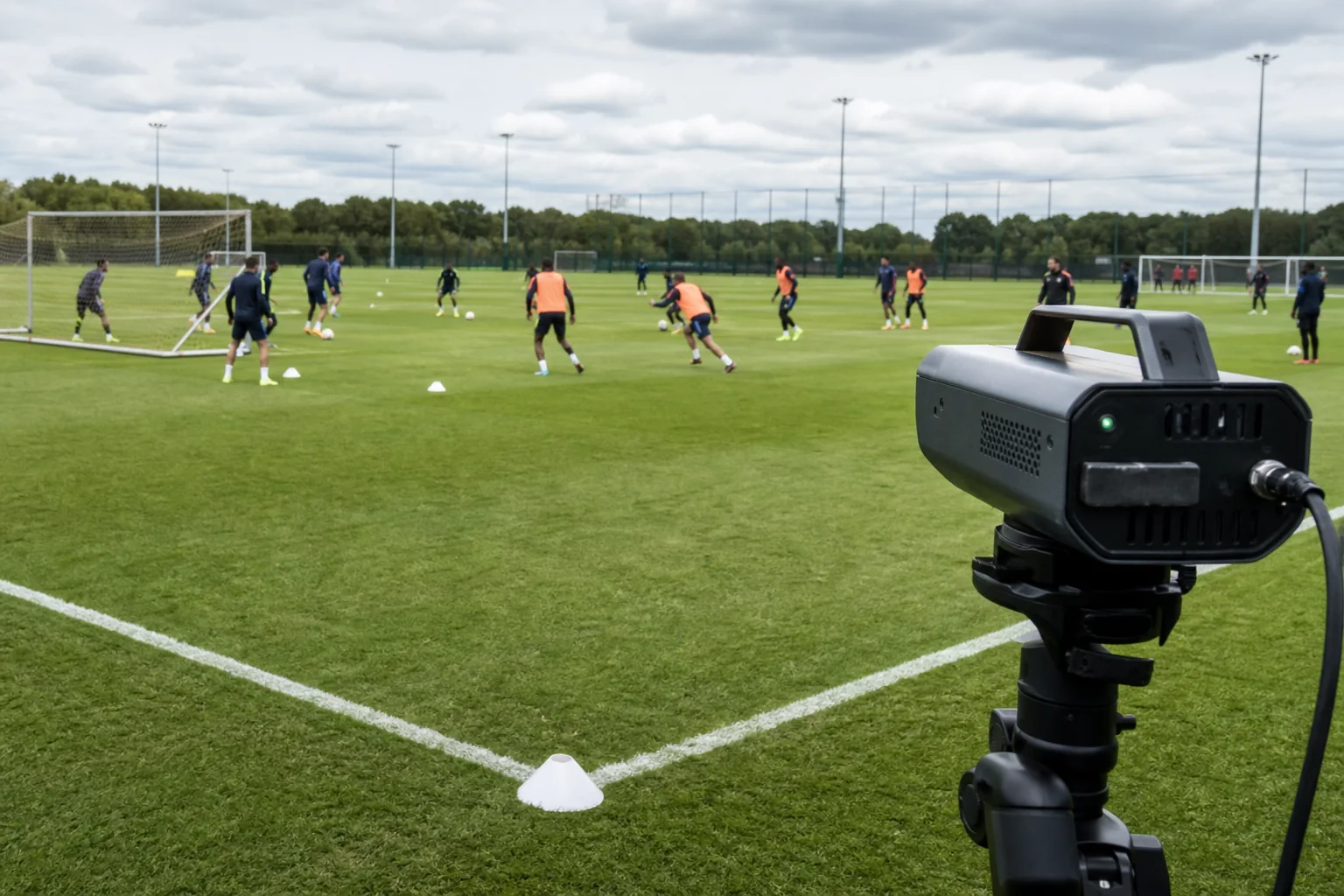 A wide football training-pitch view with a fixed analysis camera visibly framing players, cones, touchlines, and goals for calibration