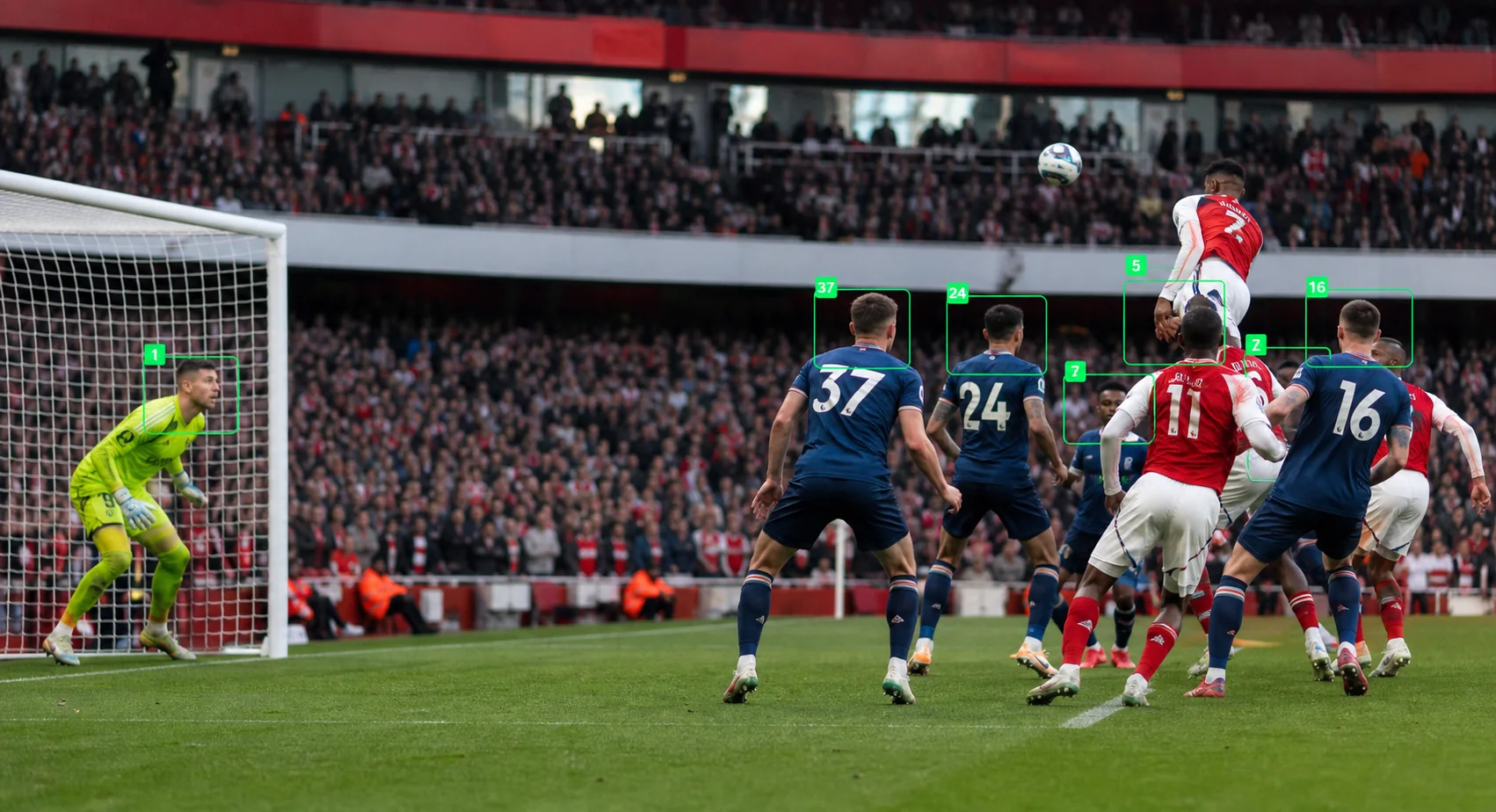 A crowded football penalty-area sequence with multiple identifiable players, bib colors, ball, goal, and tracking ID overlays