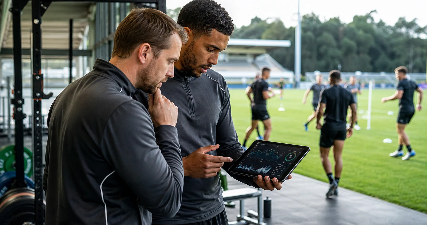 A sports performance analyst and strength coach reviewing athlete workload data in a team training facility, with players training in the background