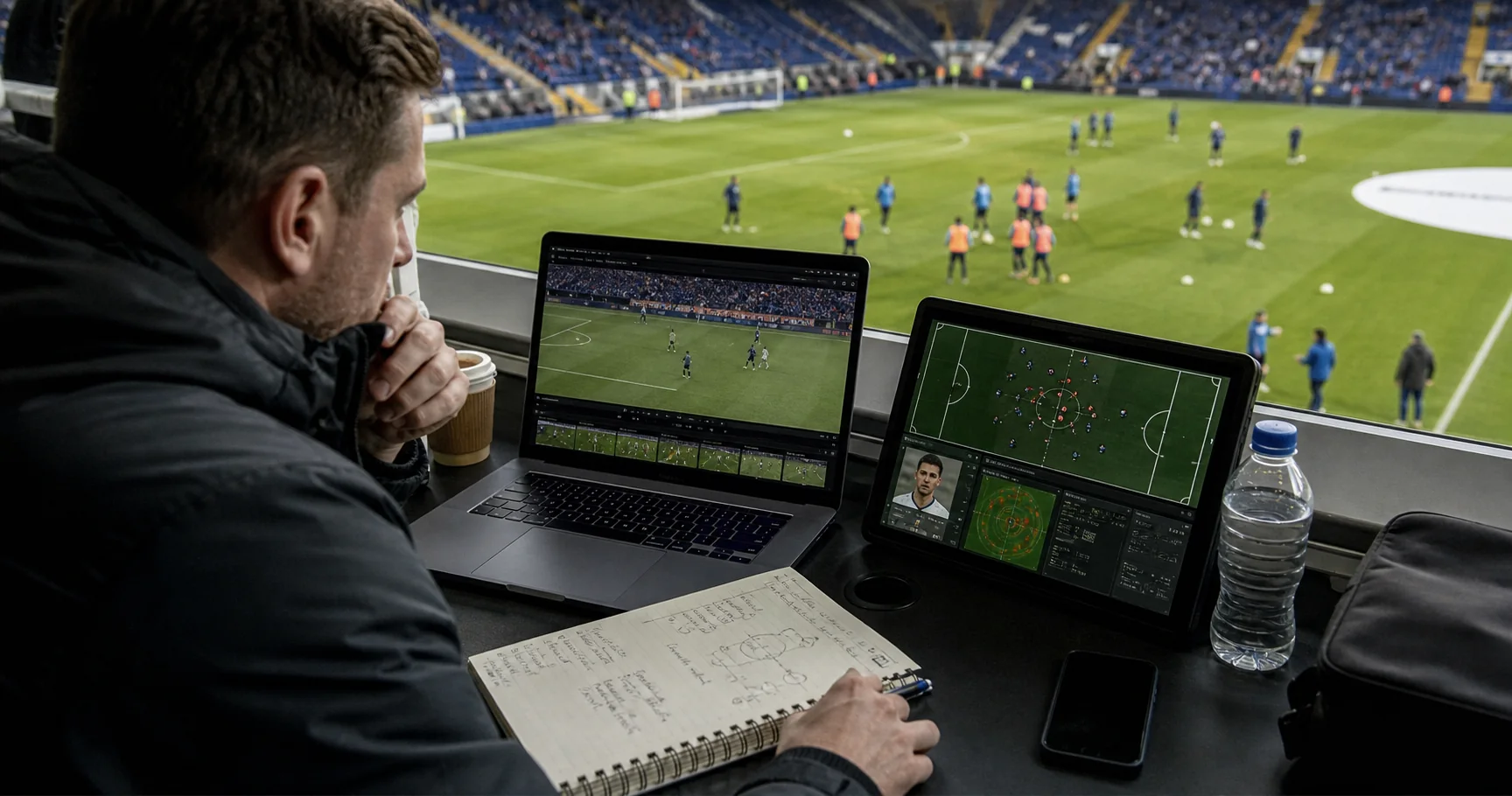 A football scout compiling a dossier from match clips and player-action maps, with clearly visible football footage and player profiles