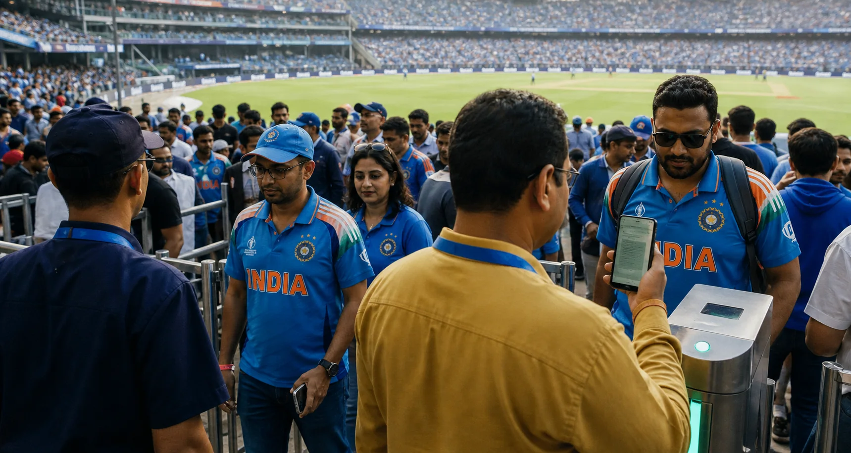 Spectators moving through gates and concourses at a packed Indian cricket stadium, with visible stadium seating and crowd-flow overlays