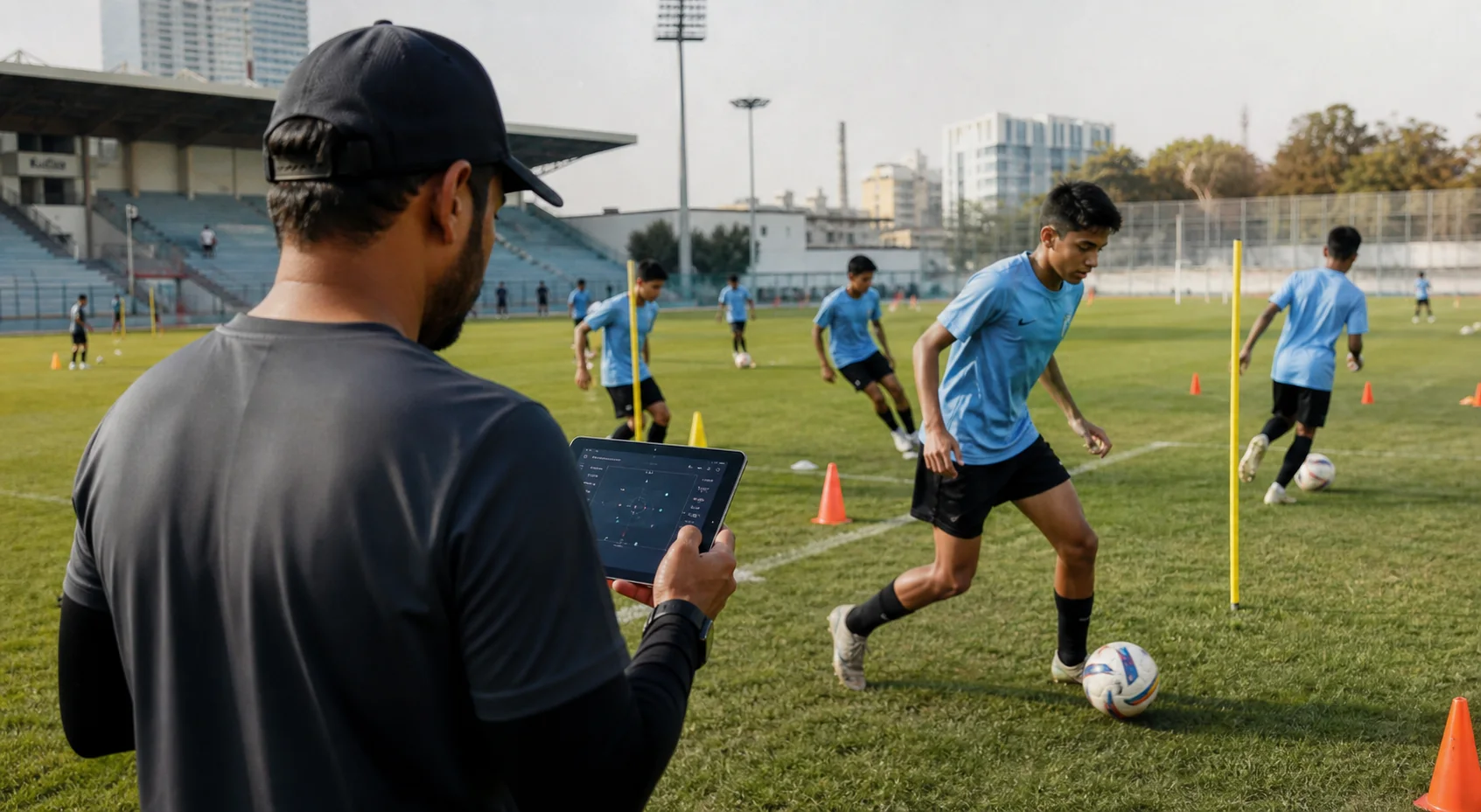 Indian youth football academy players completing drills with cones and balls while coaches collect training data on a tablet
