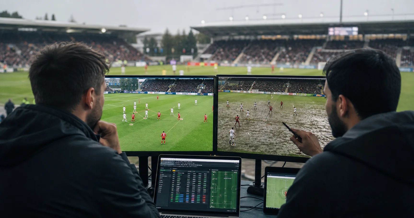 Side-by-side football match footage from dry and monsoon-season conditions, with analysts comparing player-tracking model performance