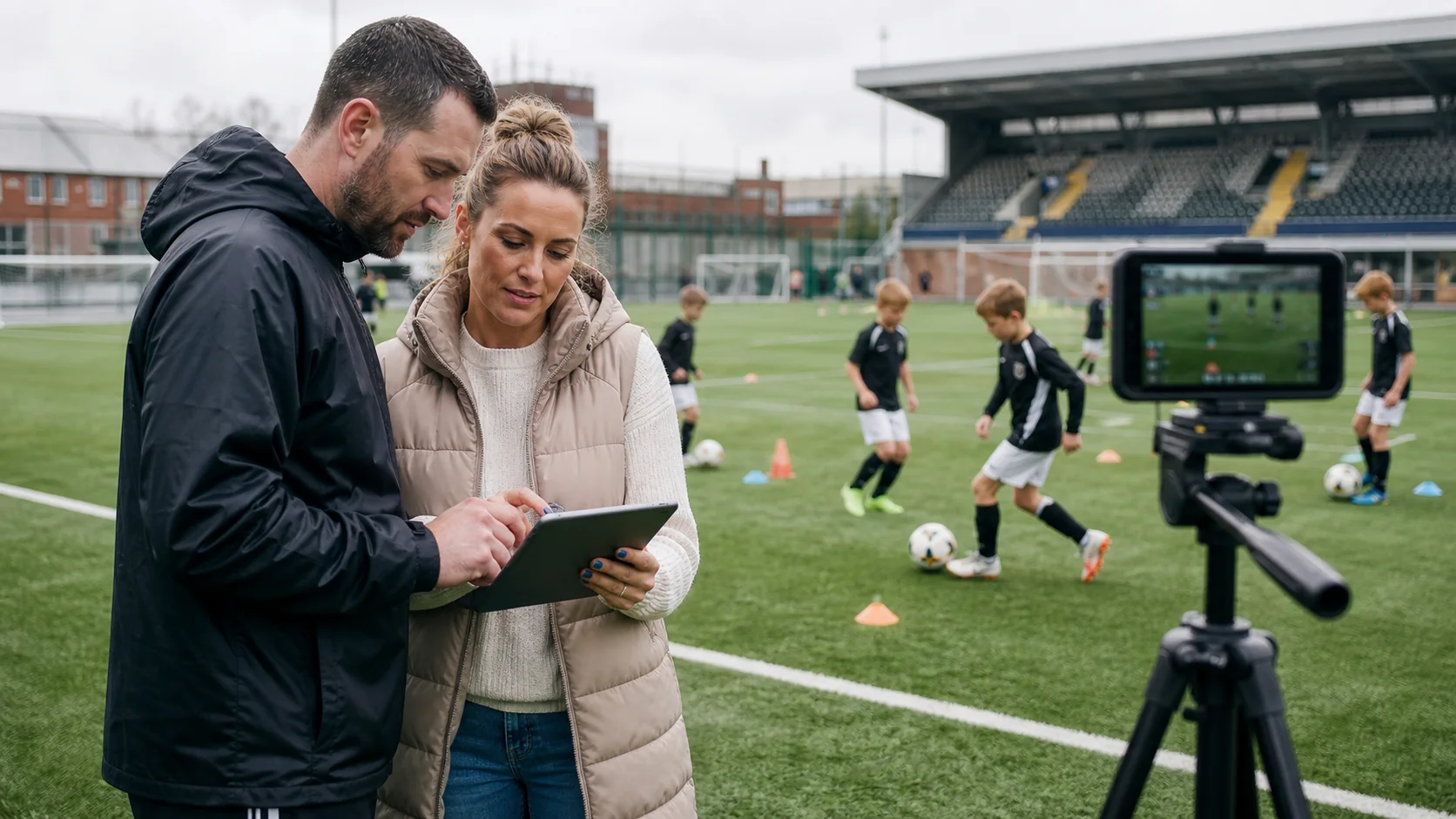 A youth football training session being video-recorded while a parent and coach review consent on a tablet, with players, balls, and cones visible