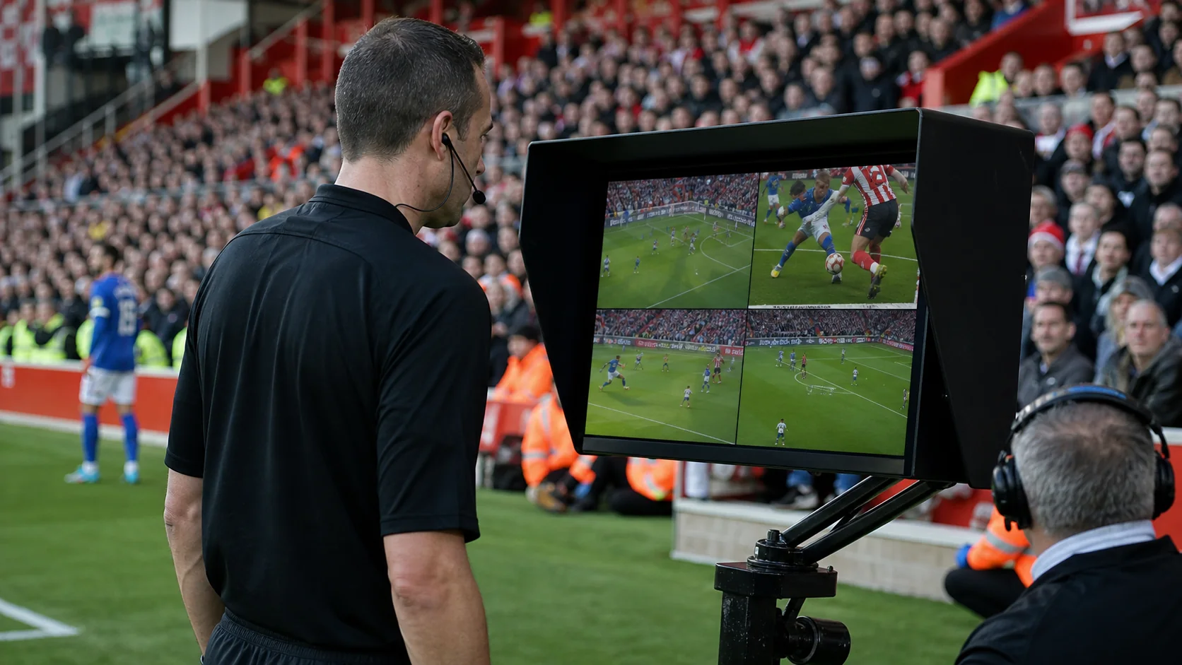 A referee reviewing a football incident on a pitch-side replay monitor, showing the ball, involved players, and timestamped multi-angle footage