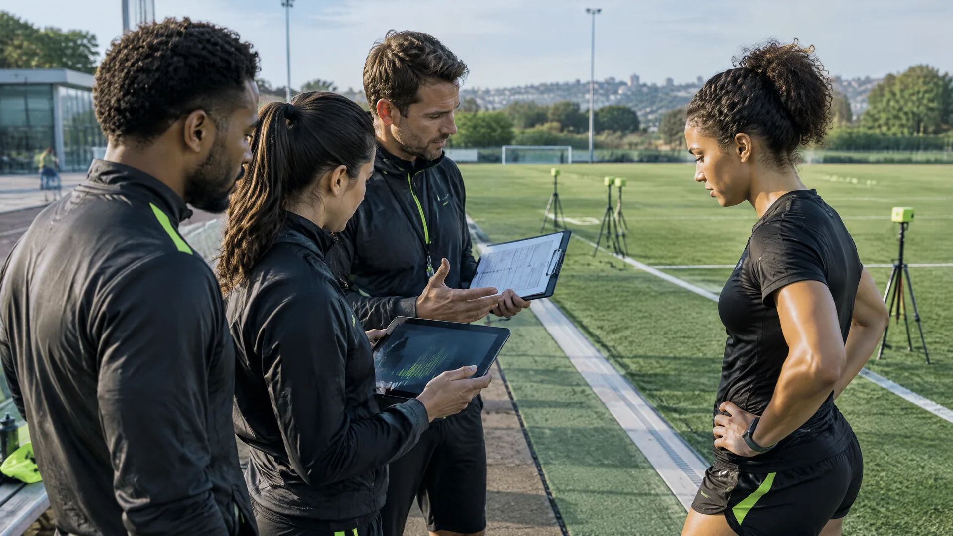 Athlete and performance staff review a sprint session beside a marked training pitch