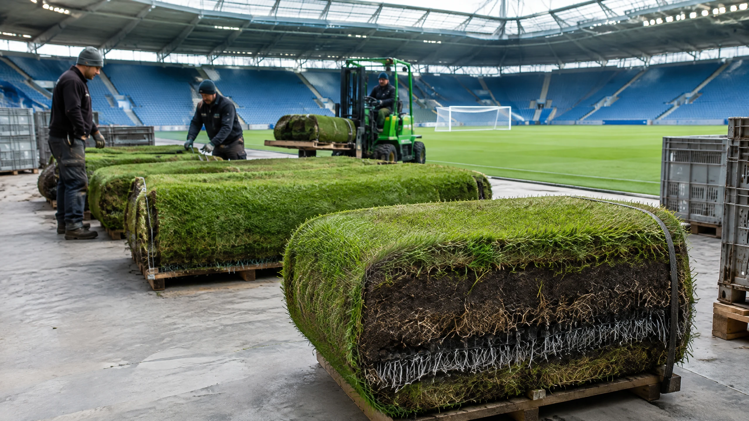 Removed hybrid turf rolls await separation inside a covered football stadium.