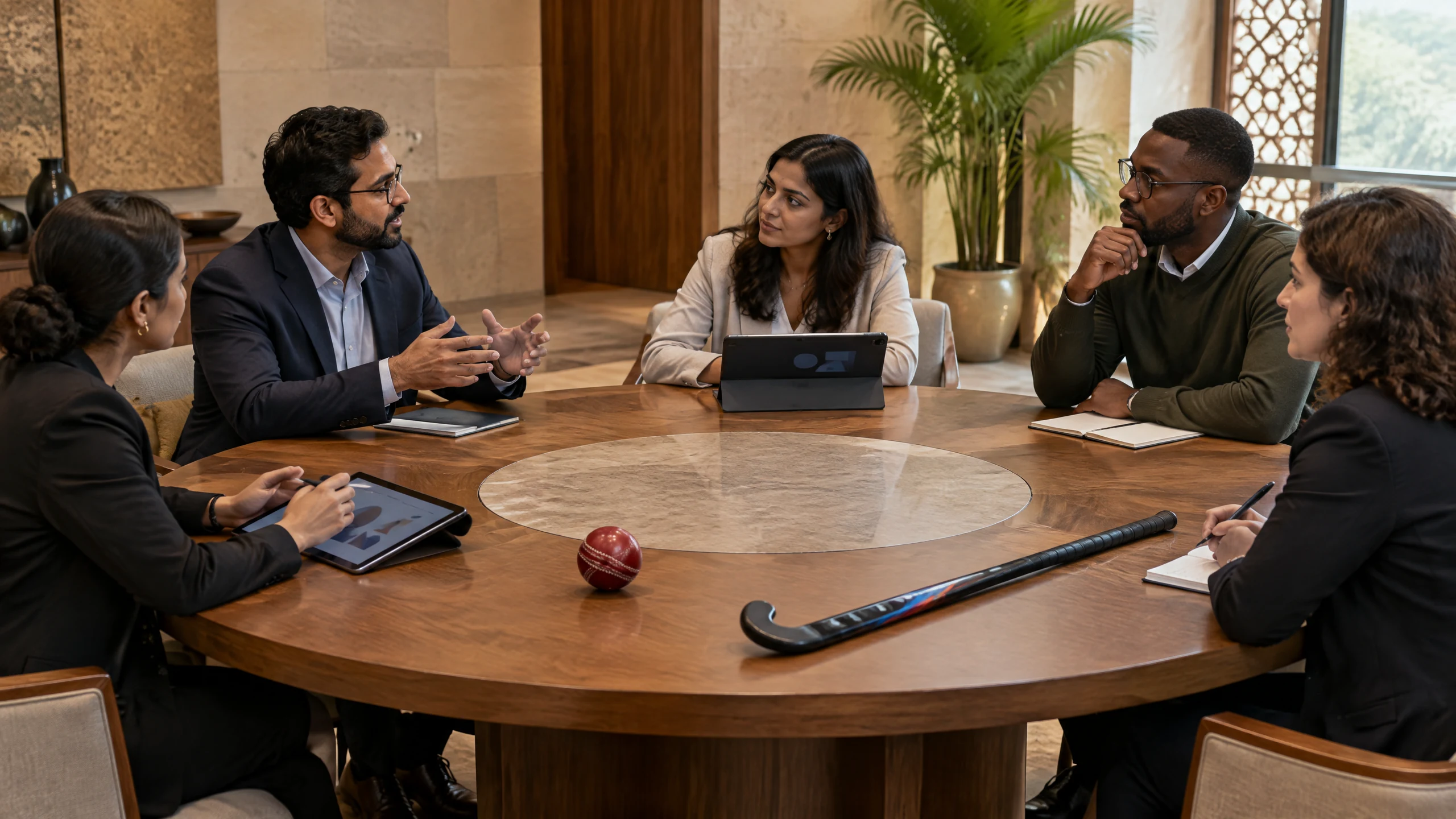A diverse working group discusses sports technology around a circular New Delhi conference table with a cricket ball, field-hockey stick and unlabeled tablets.