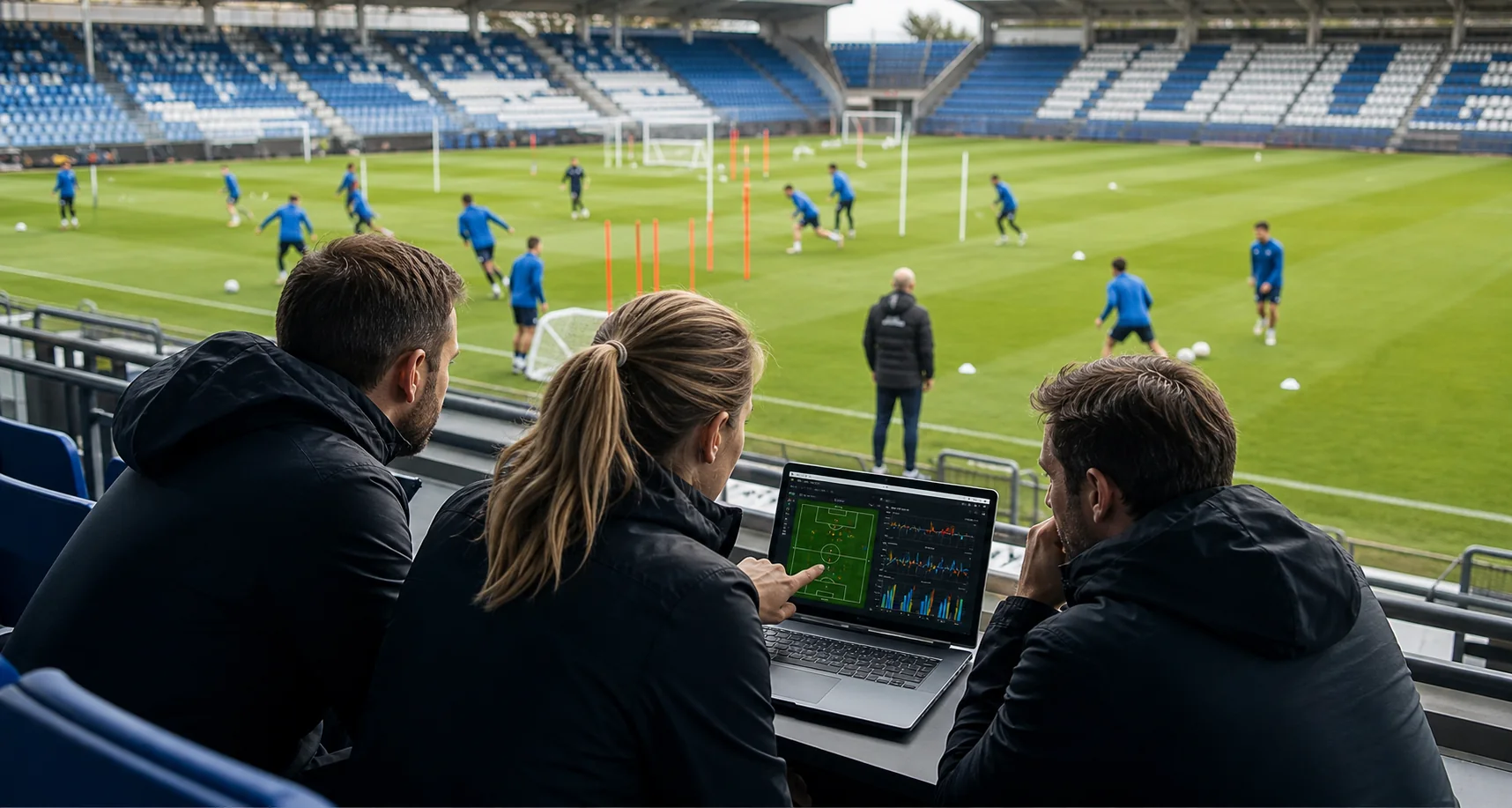 A procurement team reviewing a sports-tech pilot dashboard beside coaches running a clearly visible football training drill on a pitch