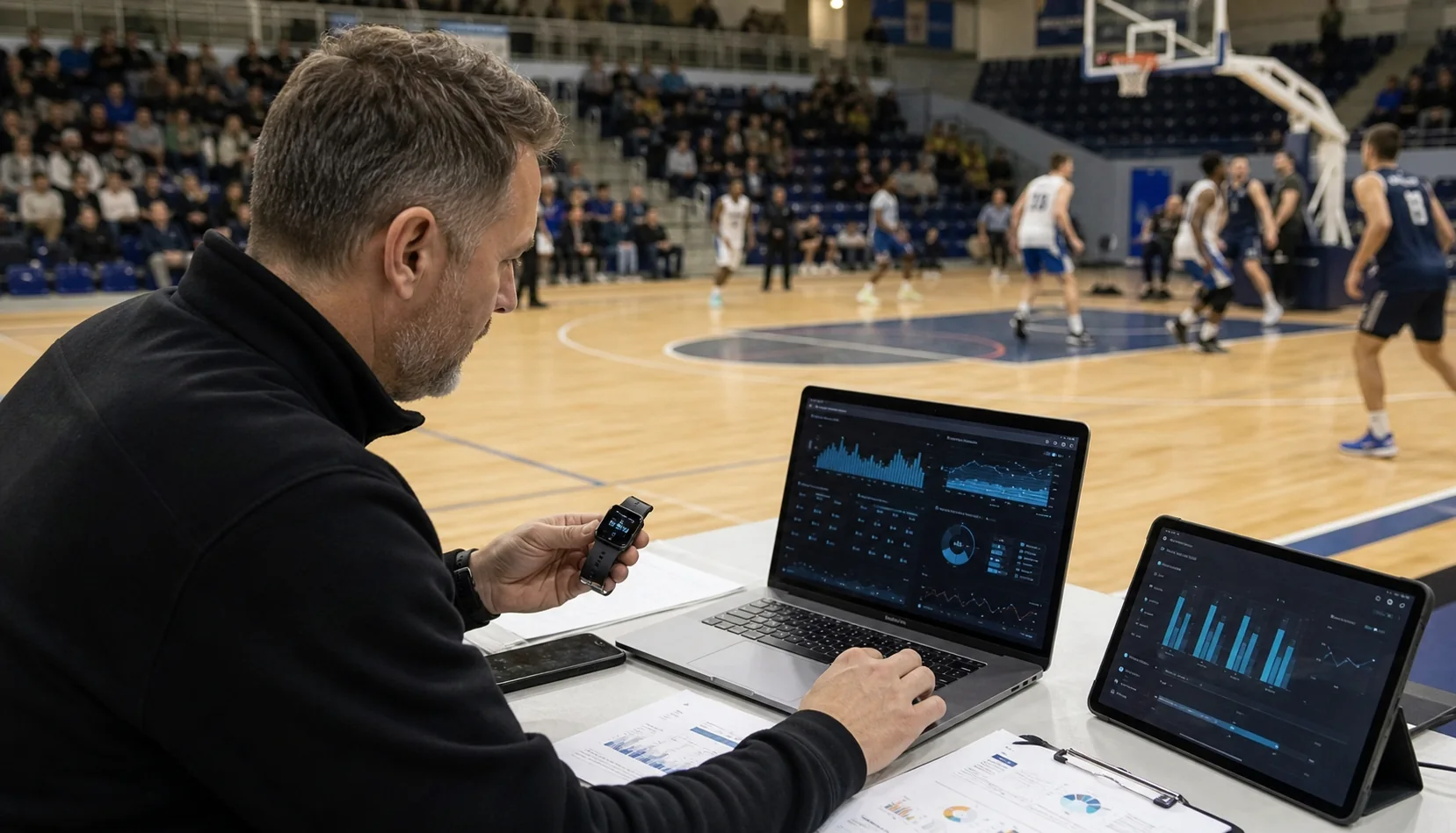A sports facility manager comparing actual court-booking and wearable-use data beside an active indoor basketball court