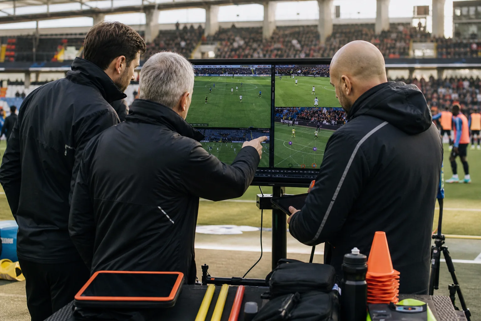 Sports buyers and coaches reviewing evidence boards with athlete-performance footage and clearly visible training equipment