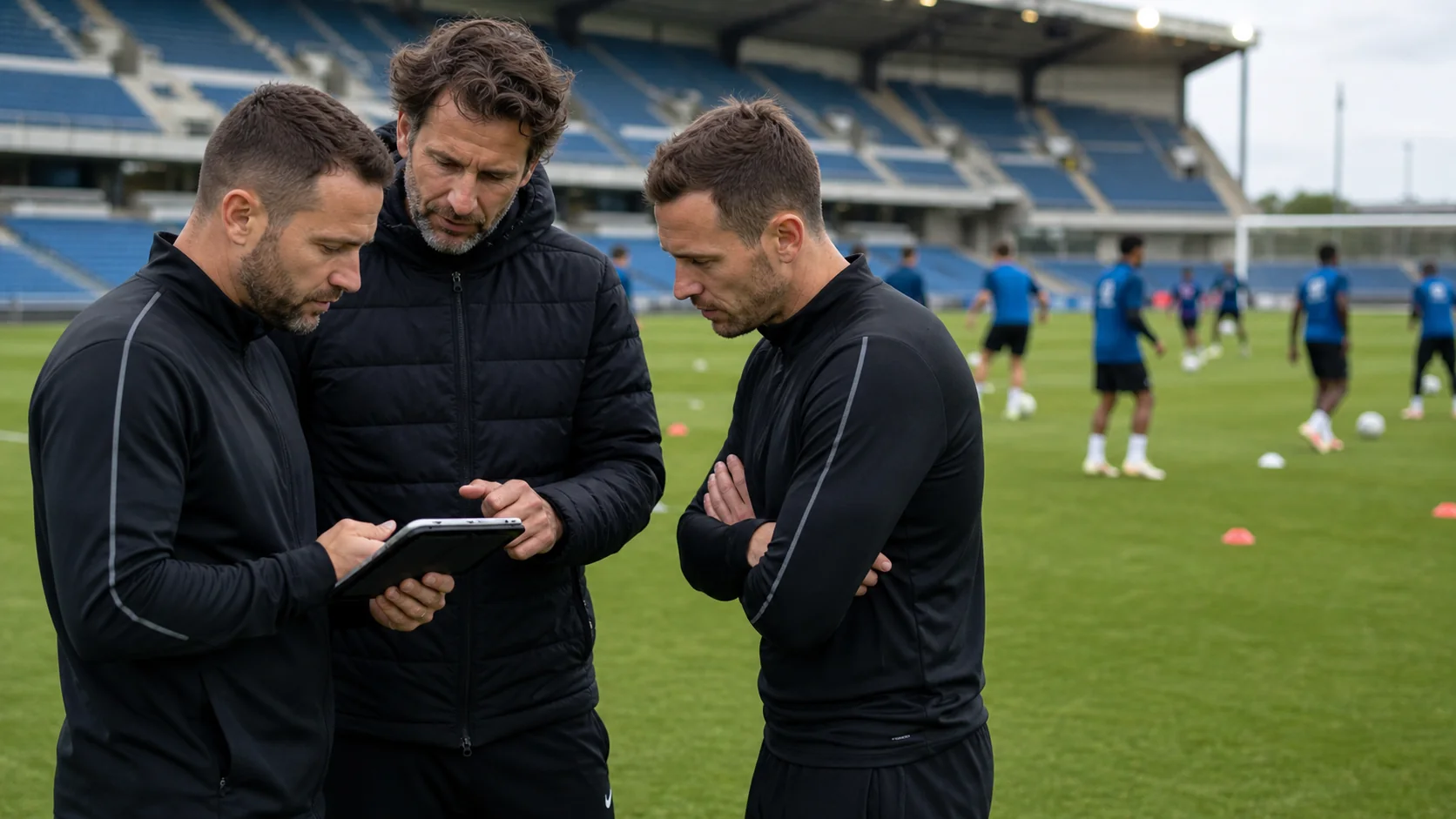 A sports club, technology-provider, and coach partnership meeting at the sideline of an active training session with cones and players
