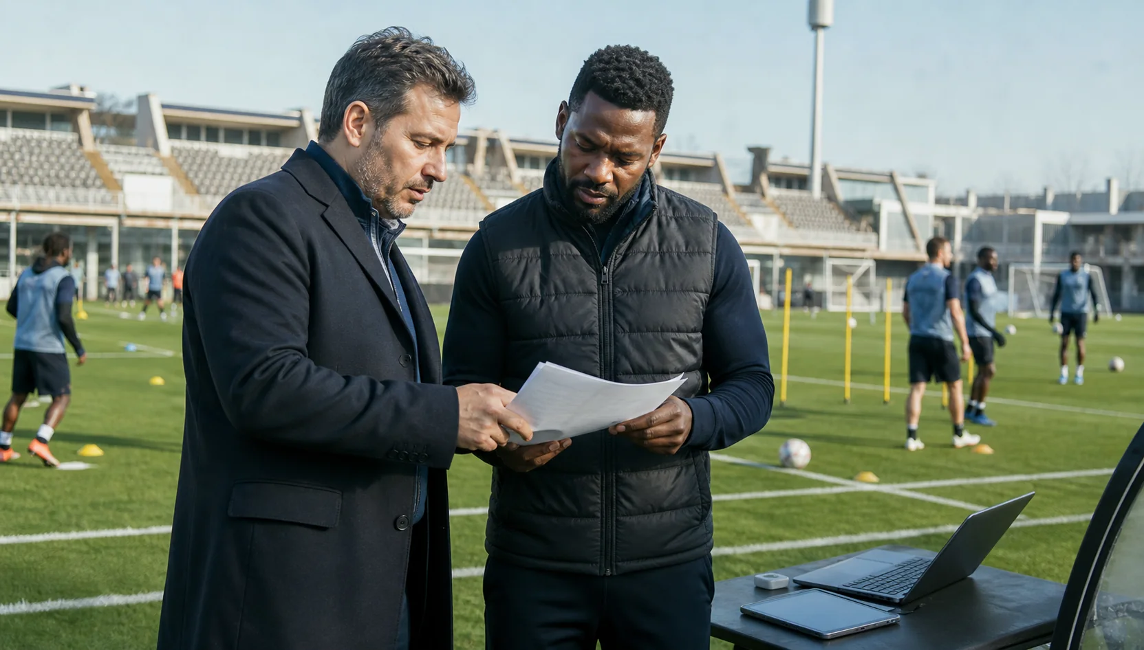 A club administrator and technology vendor reviewing a contract beside a team training session on a marked playing field