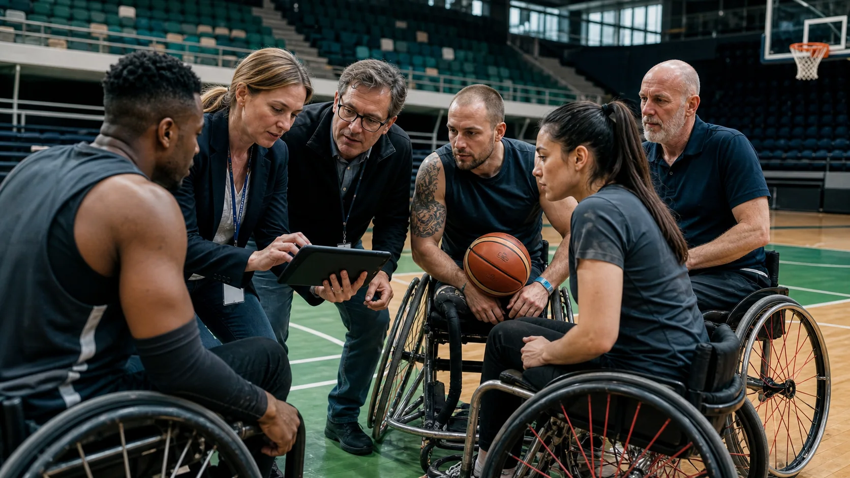 Wheelchair basketball athletes and a procurement team evaluating adaptive sports technology on a clearly marked court