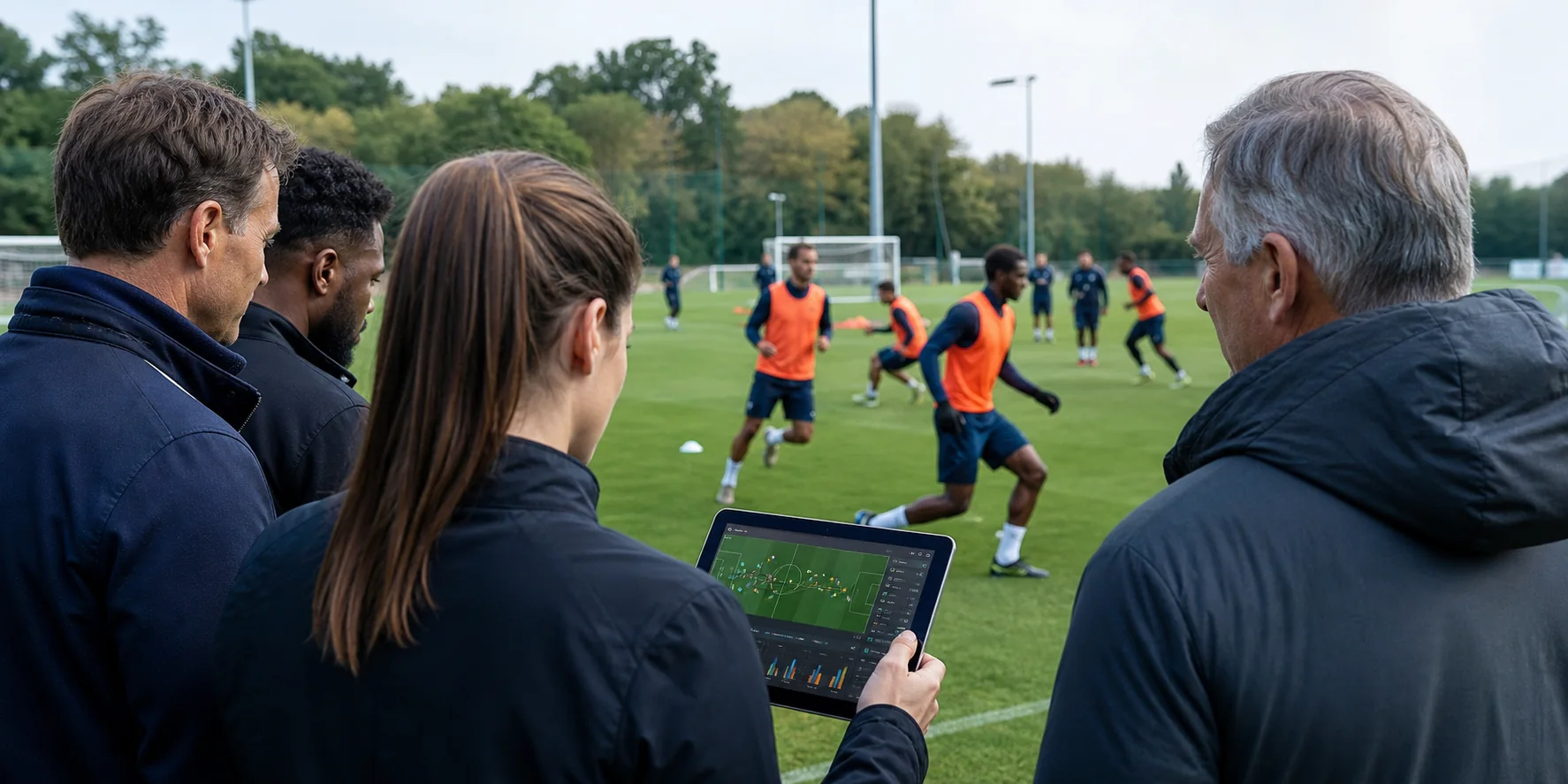 Corporate partners observing coaches and athletes genuinely using a performance-tracking system during football training