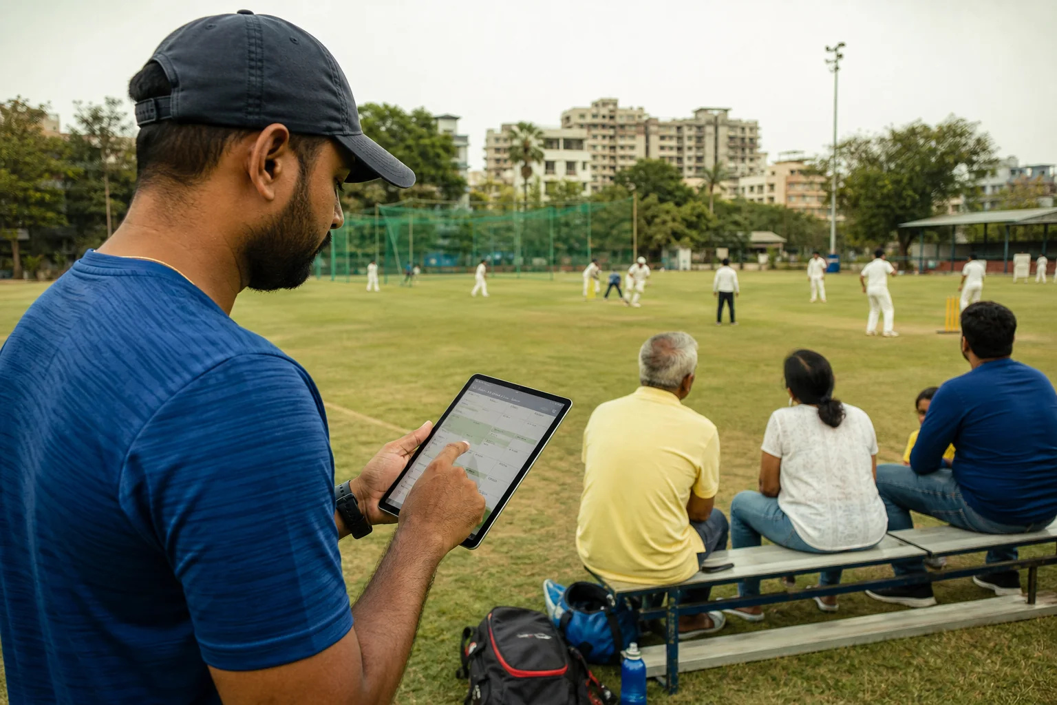 A community organiser using a local sports-booking platform while families and players participate in an Indian community football or cricket session