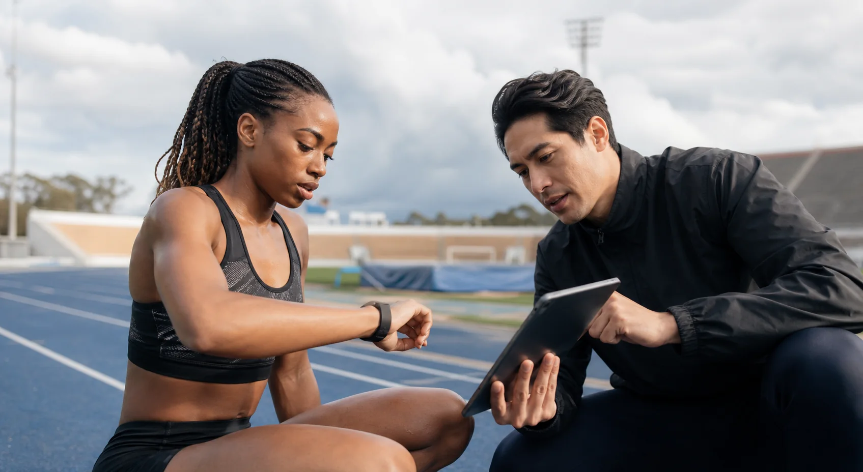 An identifiable athlete recording performance through a wearable during track training while reviewing data-rights terms with a representative
