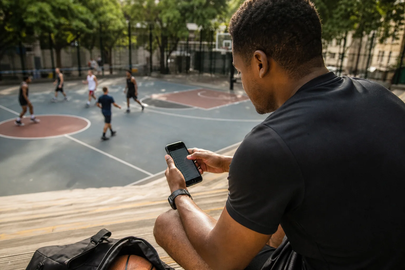 A participation-sports app supporting recurring bookings while players actively use a clearly visible court, pitch, or track