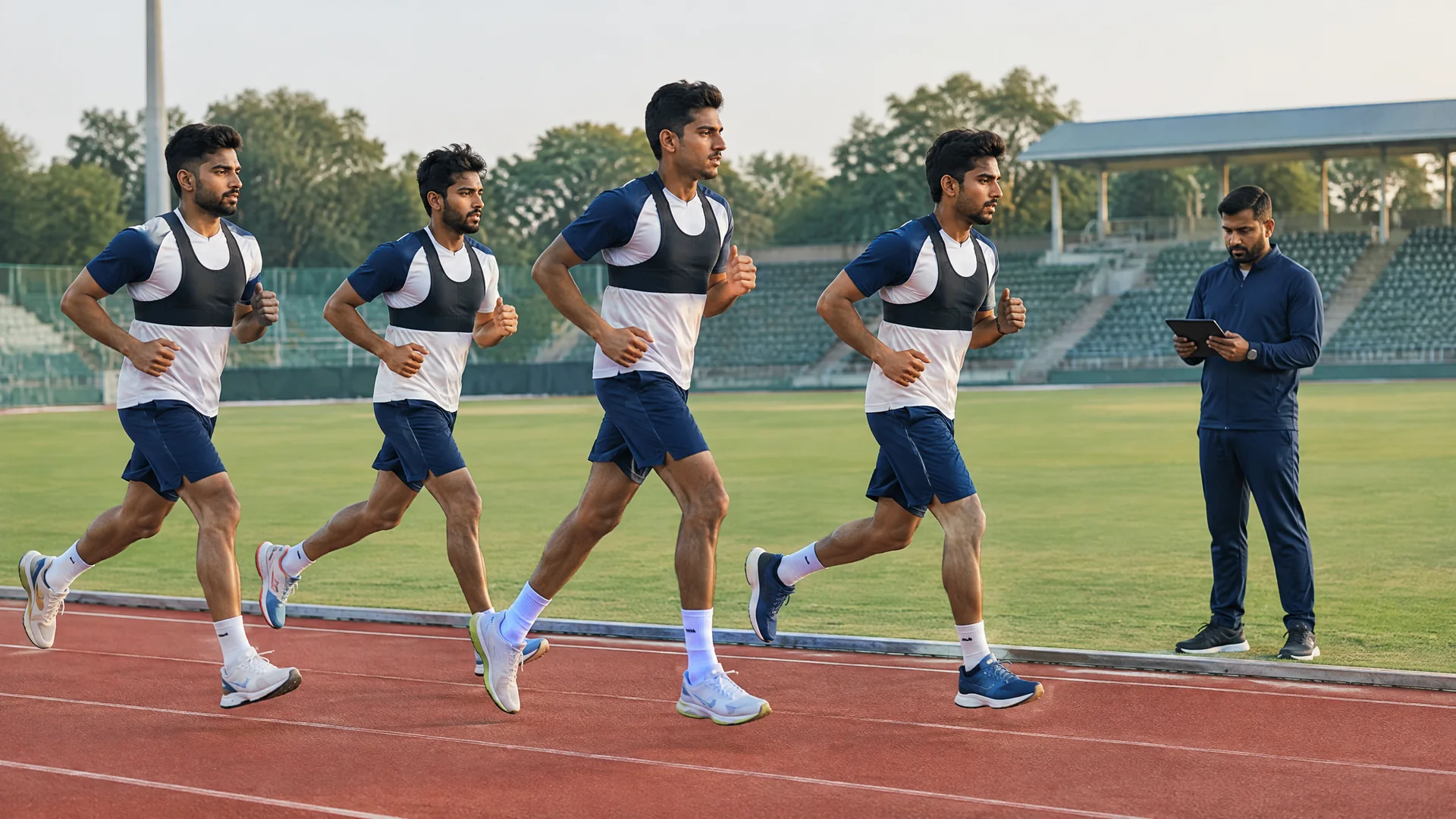 Indian cricket players wear black GPS monitoring vests during a conditioning run beside a coach using a tablet.