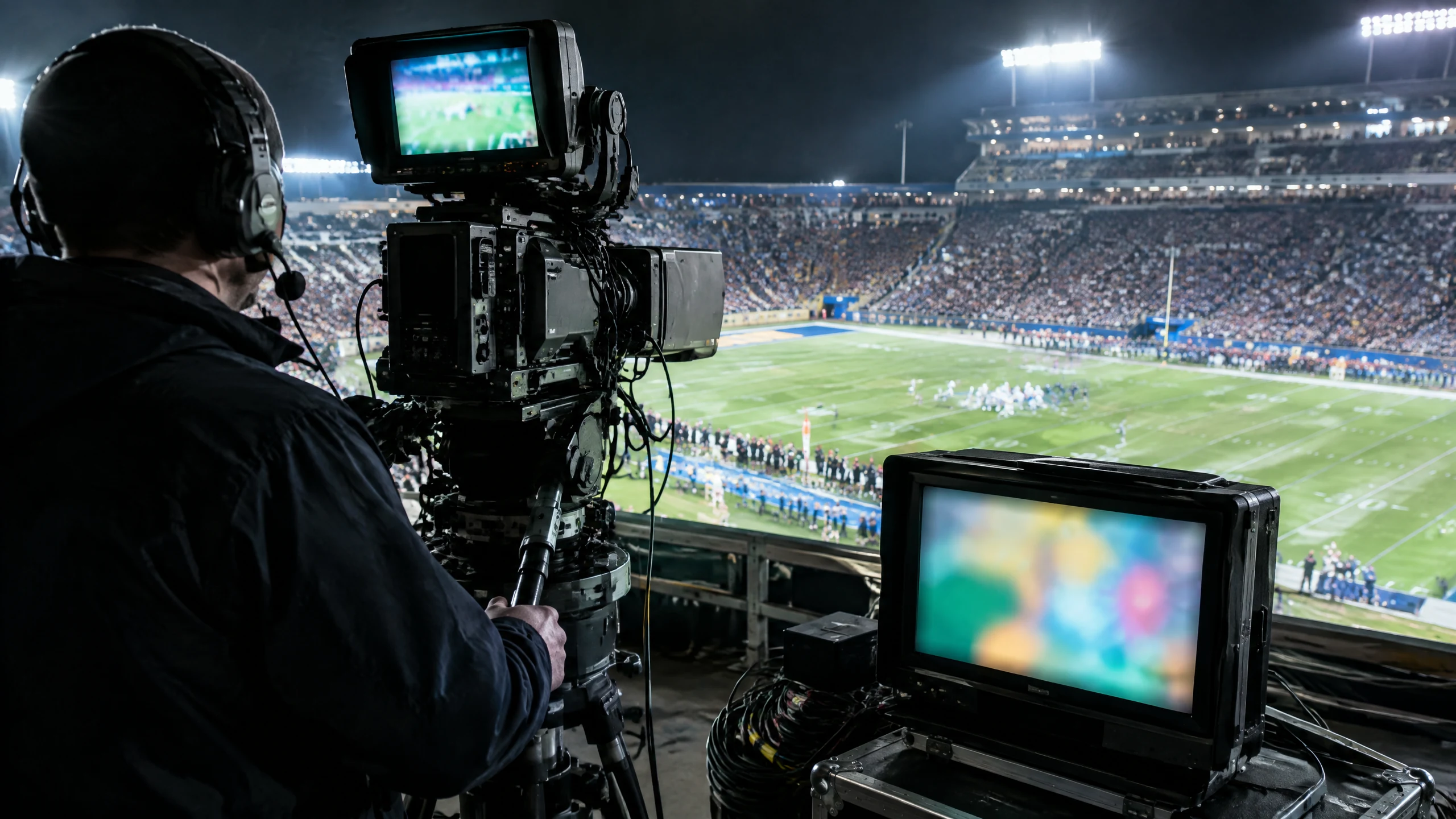 A broadcast camera operator works from an American-football stadium position at night.