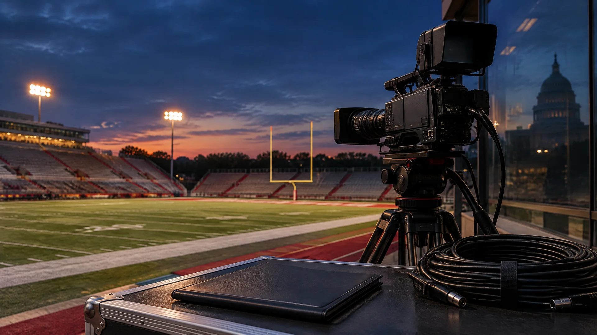 Empty college-football sideline with an unbranded broadcast camera and a closed policy folder.